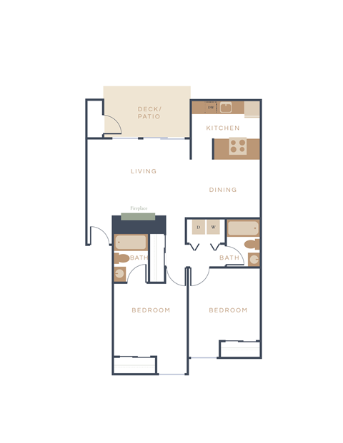 Floor plan for 2 beds, 2 baths, 950 sqft